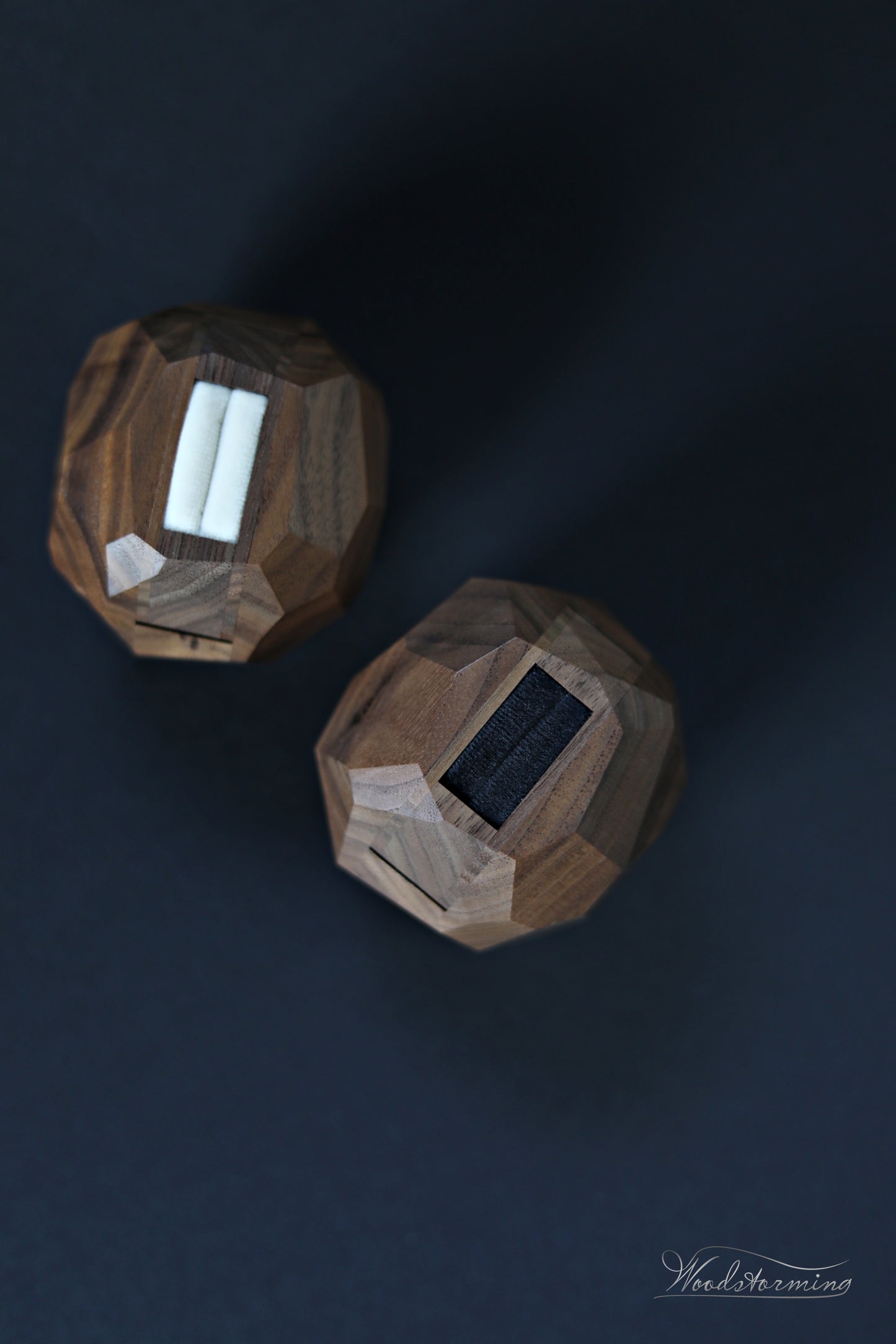 Wooden faceted engagement ring box, secret proposal ring box, sculptural ring display by Woodstorming