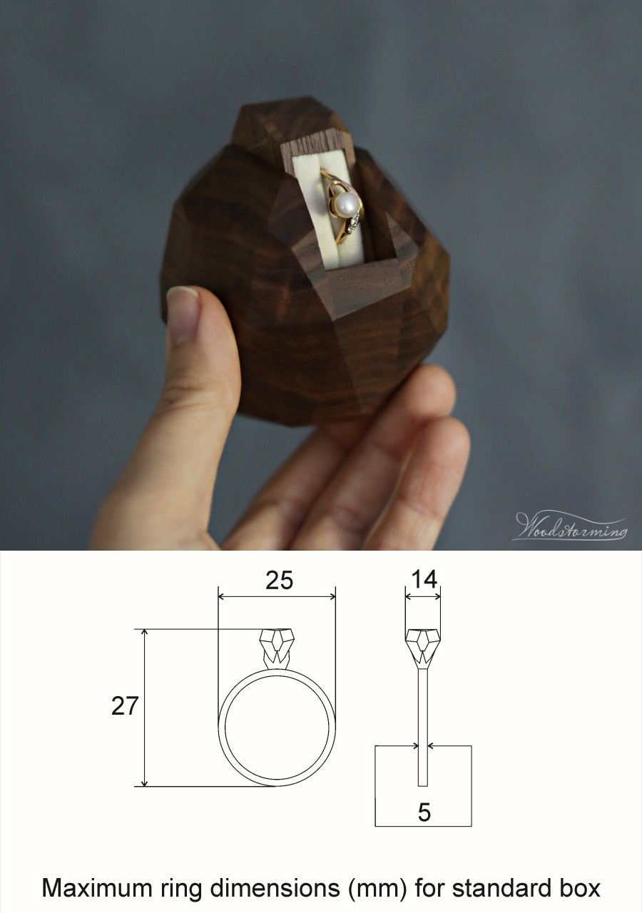 Wooden faceted engagement ring box, secret proposal ring box, sculptural ring display by Woodstorming