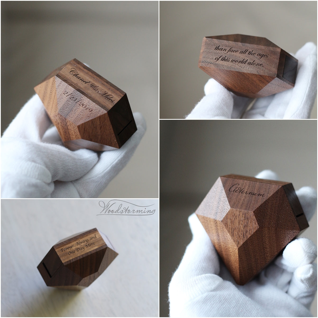 Rotating diamond shape walnut wood ring box by Woodstorming
