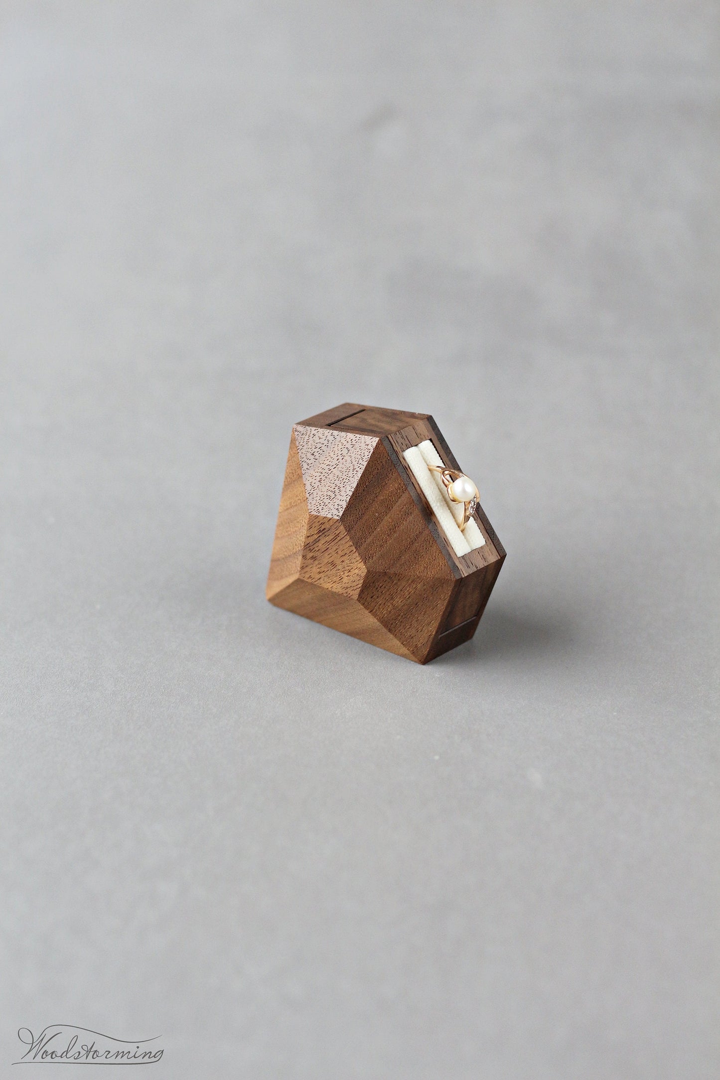 Rotating diamond shape walnut wood ring box by Woodstorming