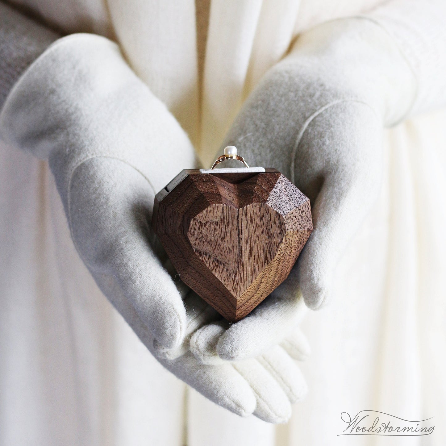 Heart shape proposal ring box, handmade ring display box by Woodstorming