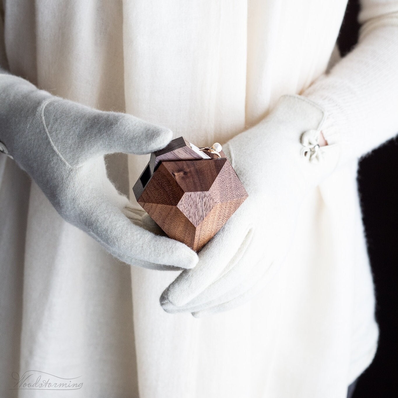 Rotating diamond shape walnut wood ring box by Woodstorming