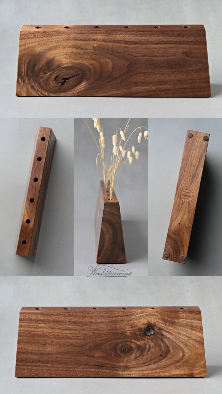 Wooden vase for interior decor, unique minimalist dry plants display