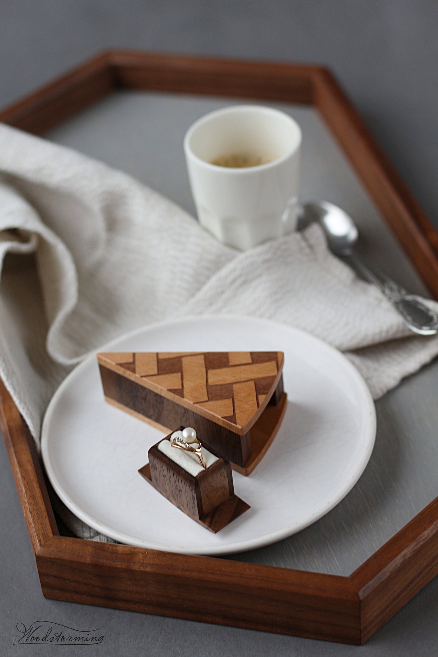 Pie shape ring box with secret drawer
