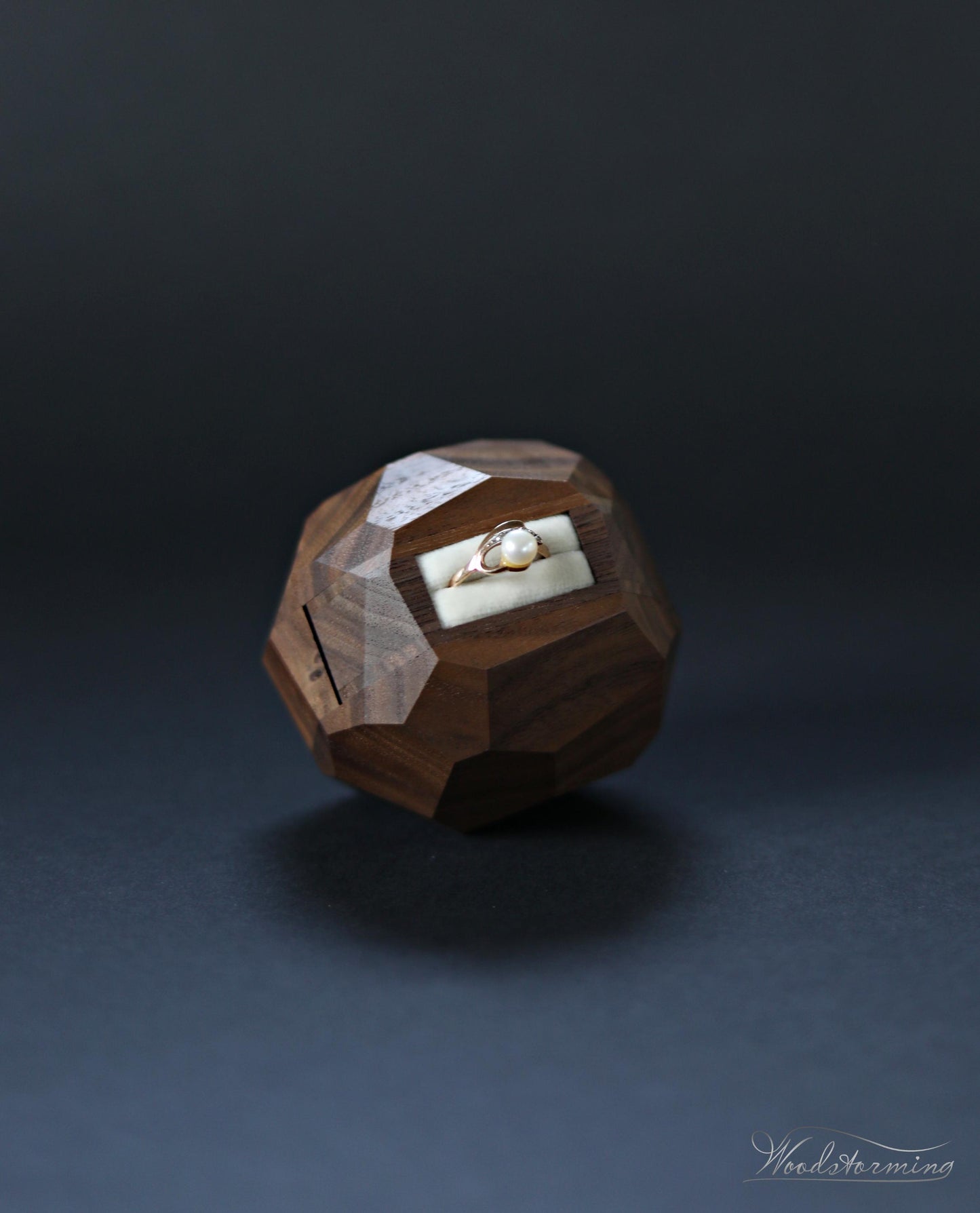 Wooden faceted engagement ring box, secret proposal ring box, sculptural ring display by Woodstorming