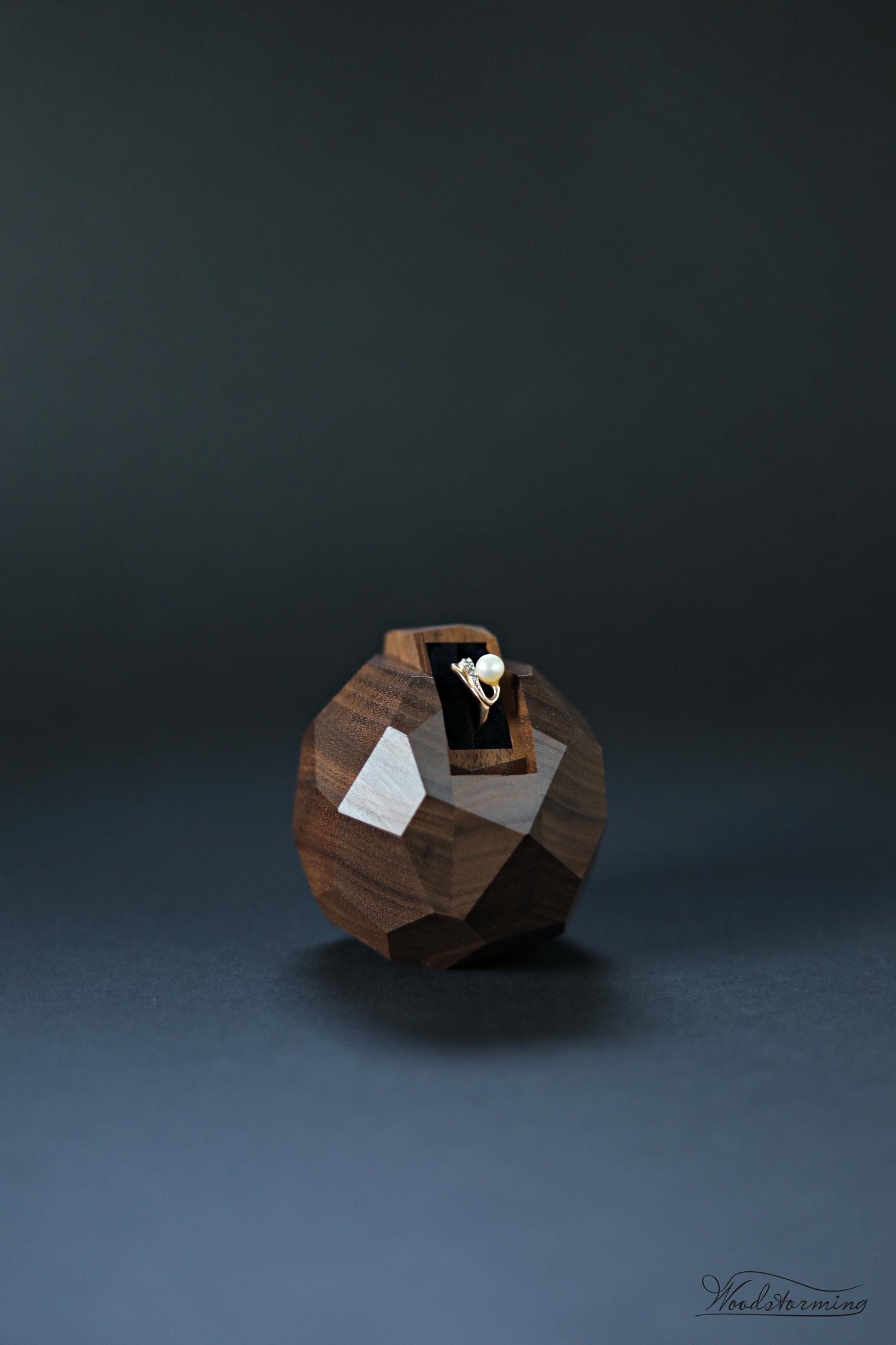 Wooden faceted engagement ring box, secret proposal ring box, sculptural ring display by Woodstorming