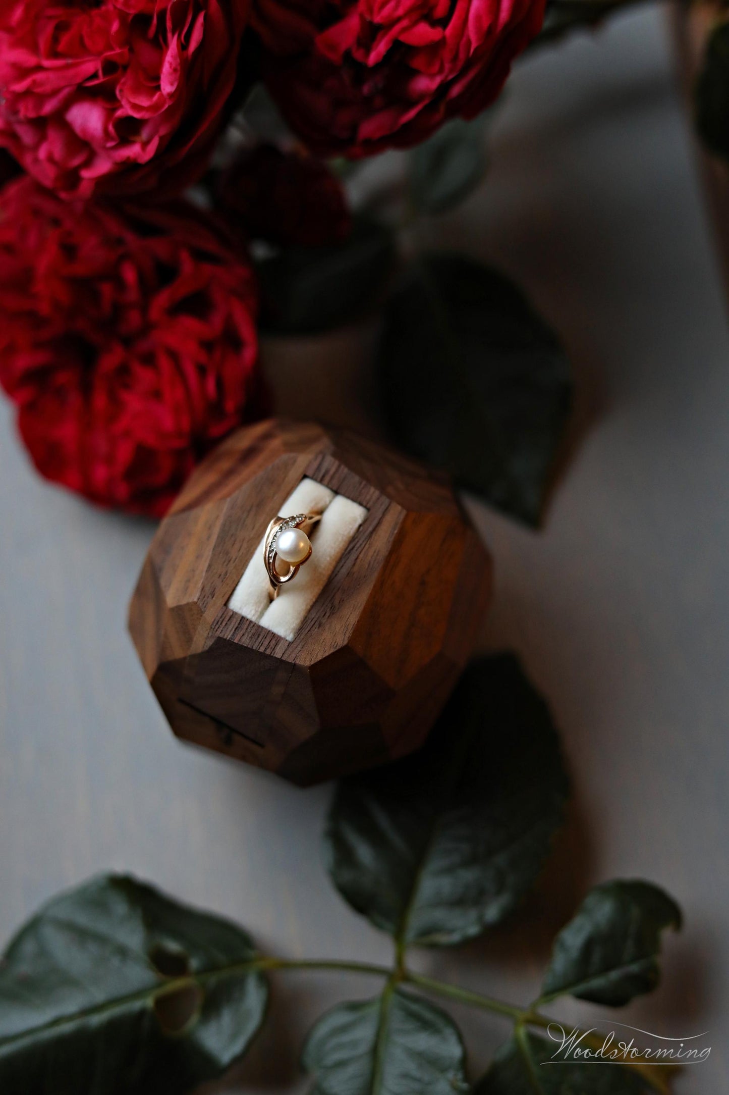 Wooden faceted engagement ring box, secret proposal ring box, sculptural ring display by Woodstorming