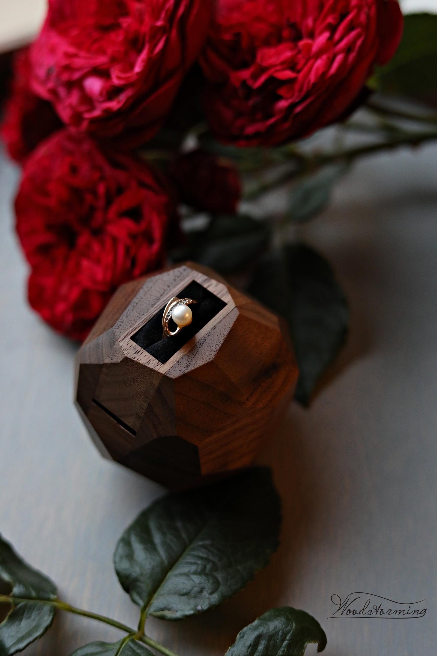 Wooden faceted engagement ring box, secret proposal ring box, sculptural ring display by Woodstorming