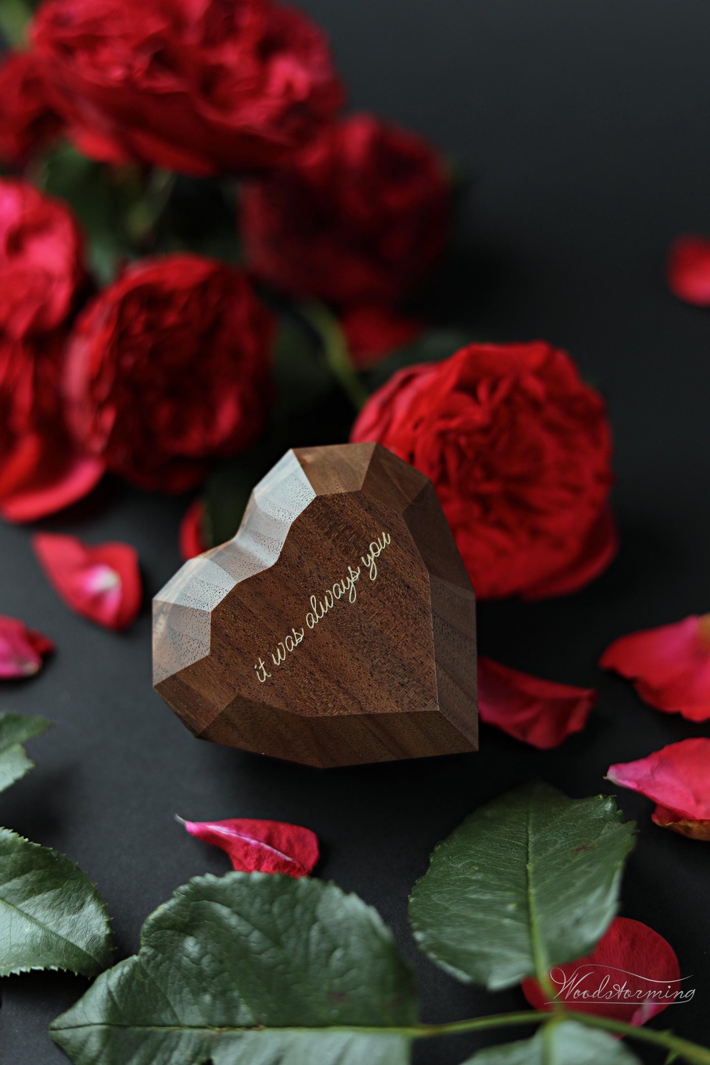 Heart shape proposal ring box, handmade ring display box by Woodstorming
