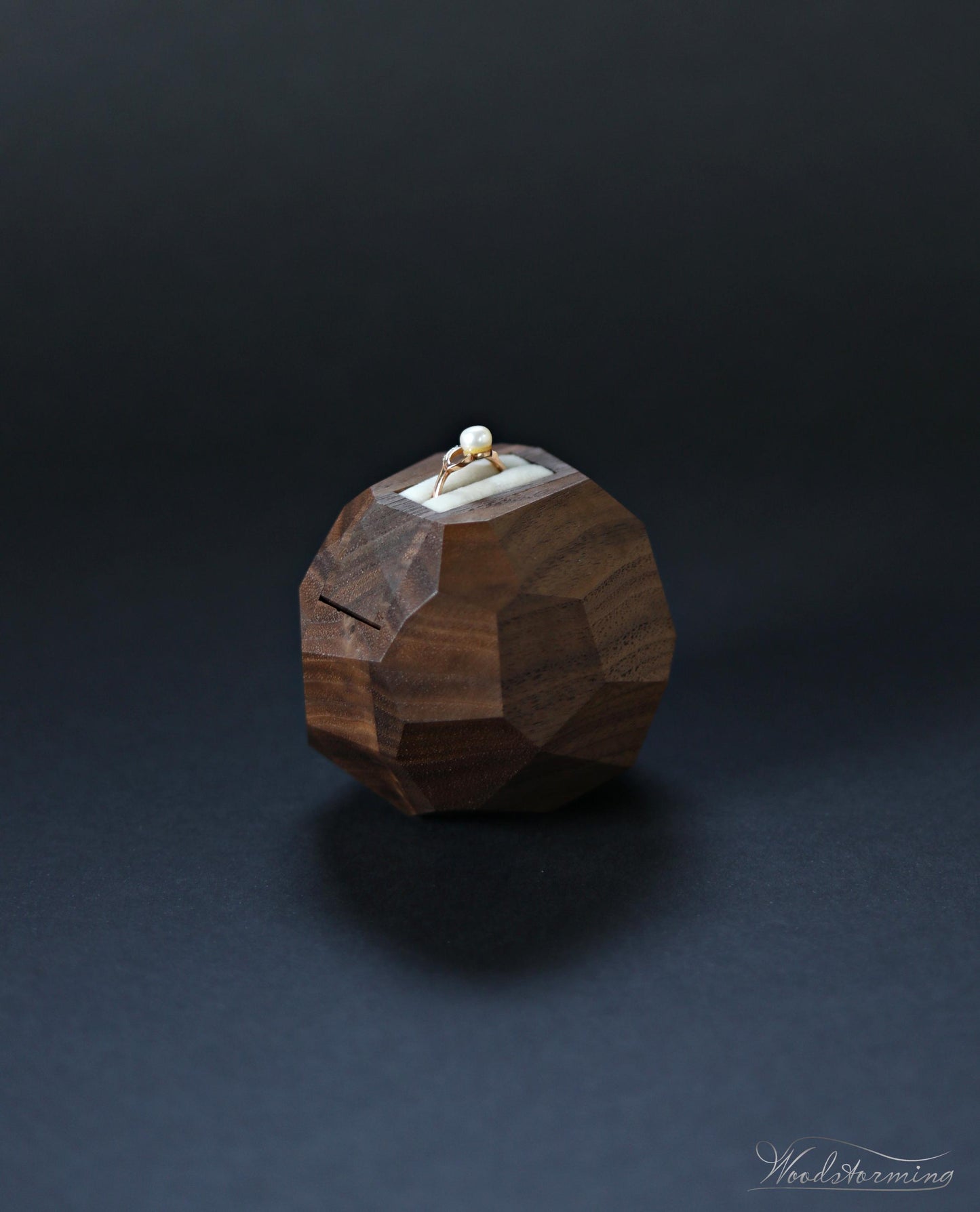 Wooden faceted engagement ring box, secret proposal ring box, sculptural ring display by Woodstorming