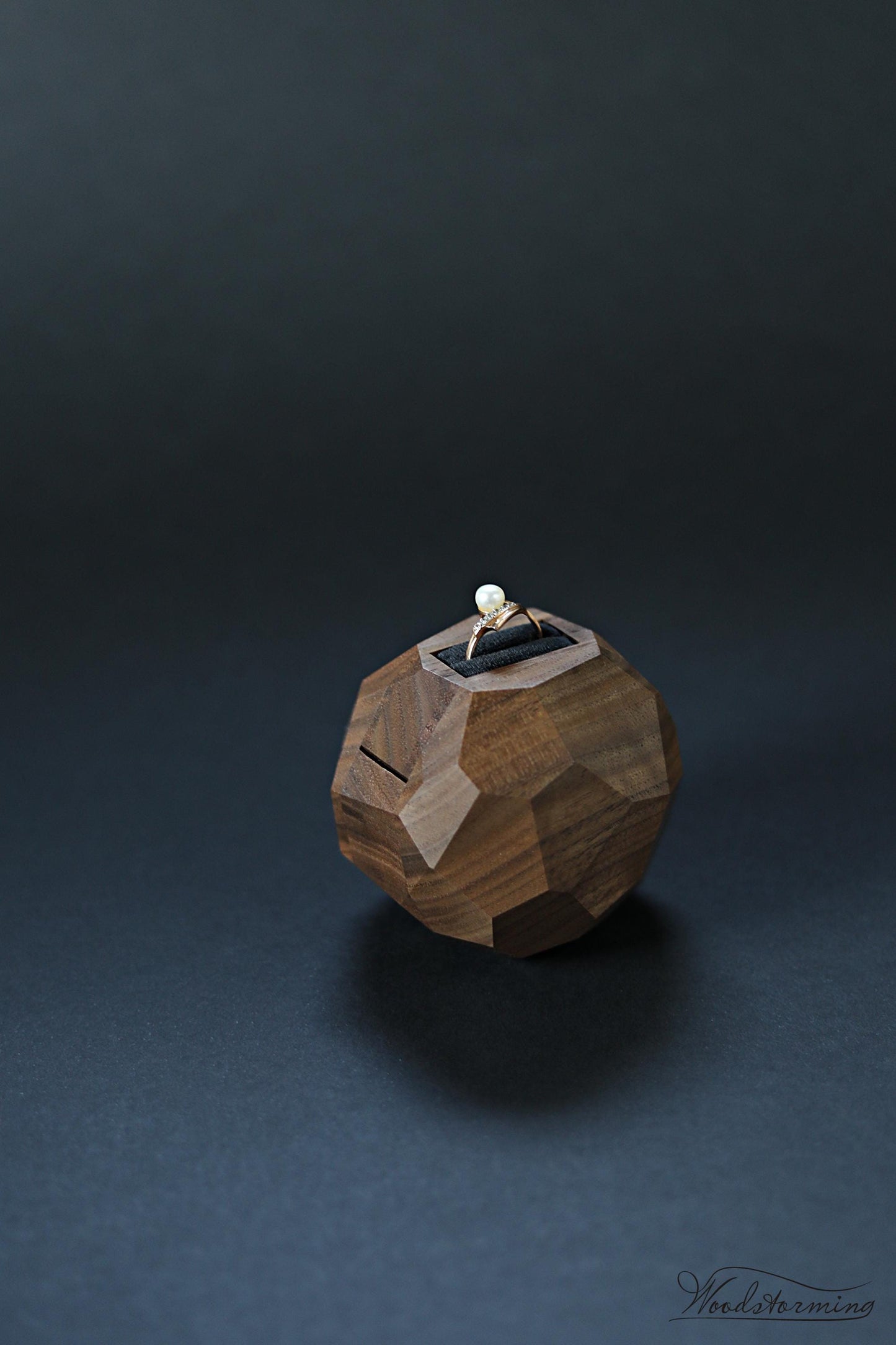 Wooden faceted engagement ring box, secret proposal ring box, sculptural ring display by Woodstorming
