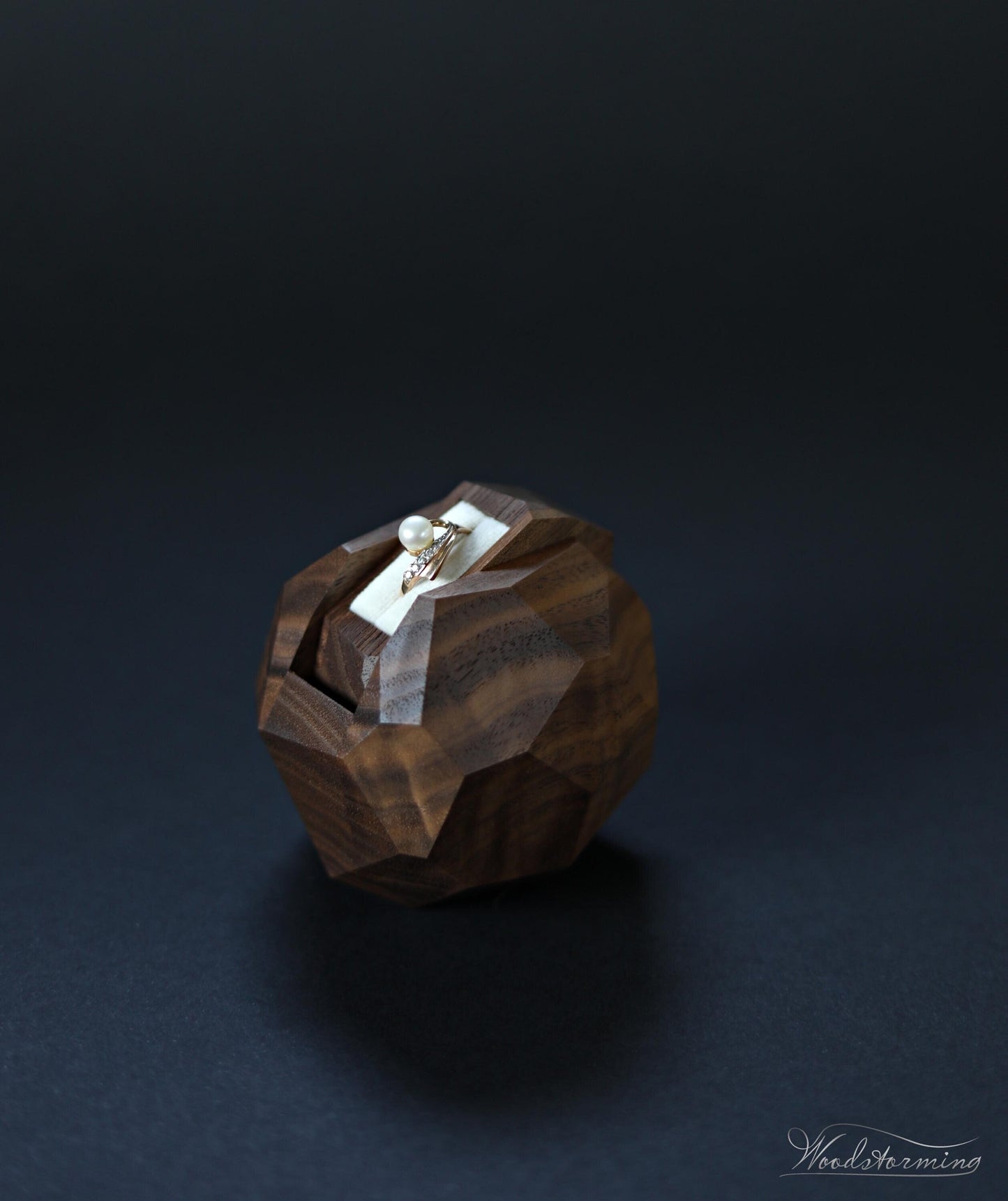 Wooden faceted engagement ring box, secret proposal ring box, sculptural ring display by Woodstorming