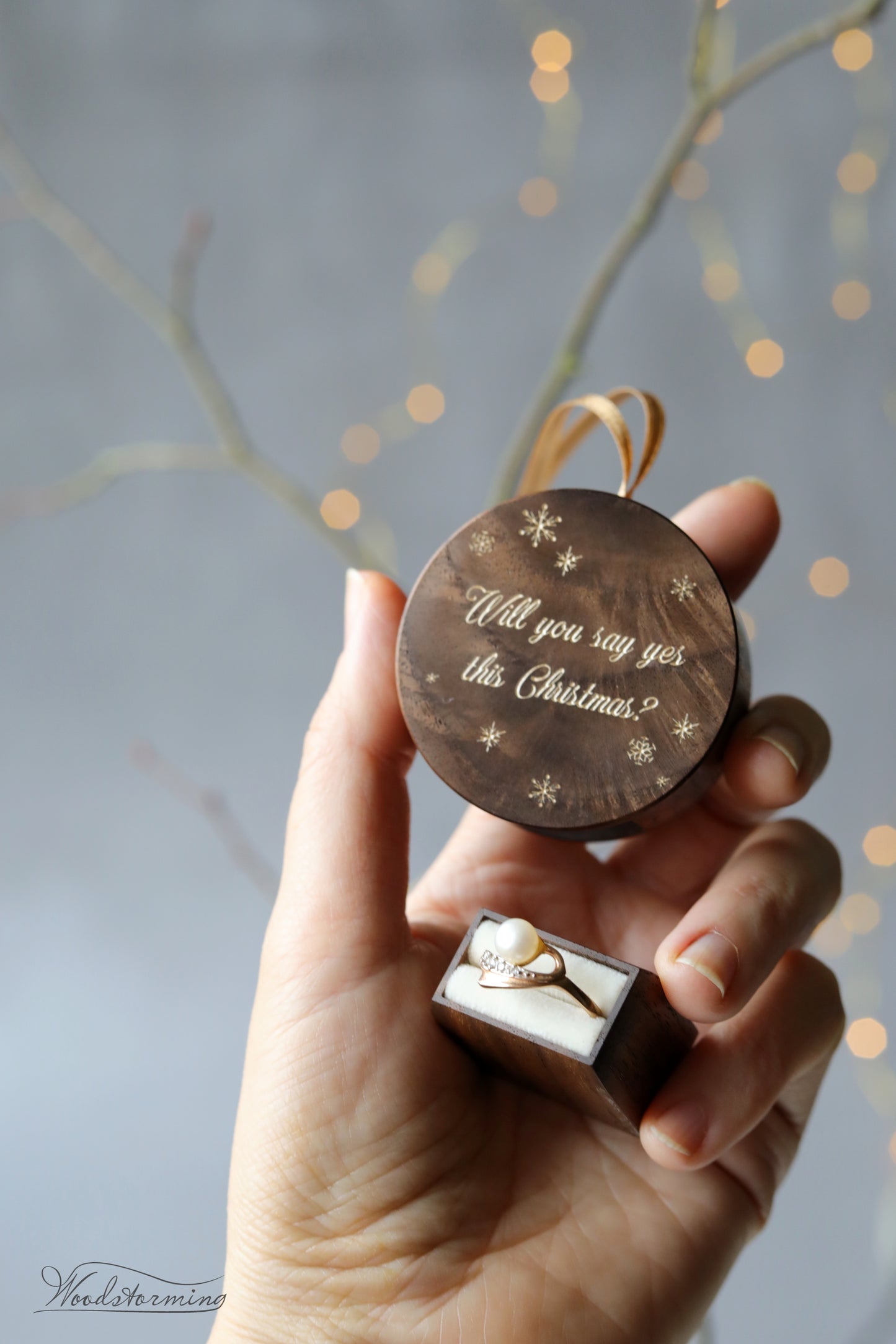 Personalized holiday engagement ring box  - round Christmas tree ornament, festive ring box