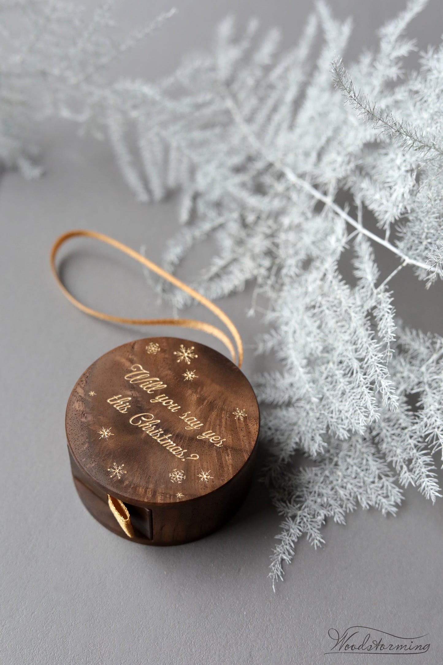 Personalized holiday engagement ring box  - round Christmas tree ornament, festive ring box