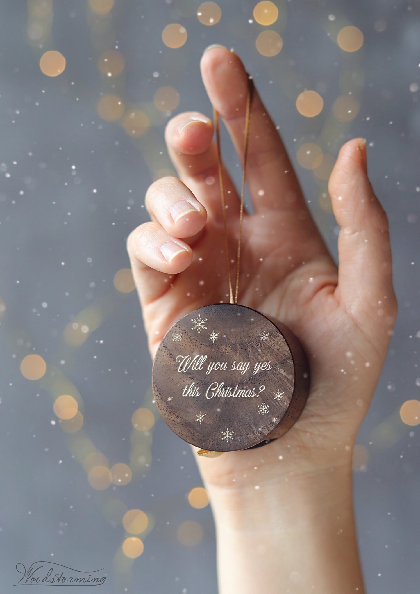 Personalized holiday engagement ring box  - round Christmas tree ornament, festive ring box