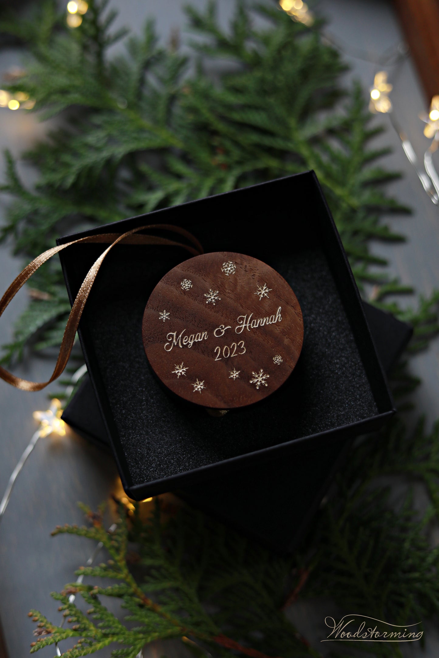 Personalized holiday engagement ring box  - round Christmas tree ornament, festive ring box