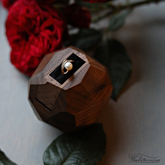Wooden faceted engagement ring box, secret proposal ring box, sculptural ring display by Woodstorming