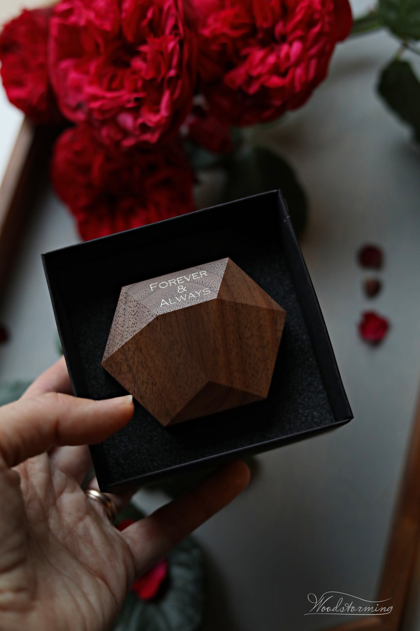 Unique handmade wooden rotating ring box - small ring display by Woodstorming