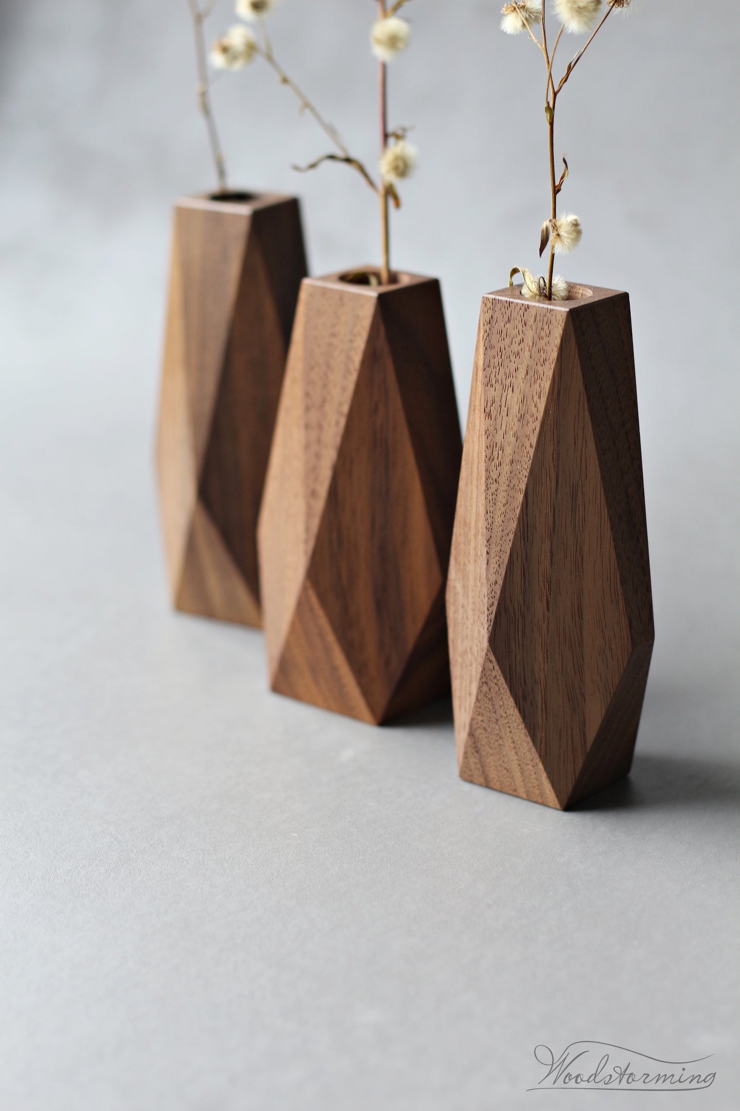 Handcrafted faceted wood vases - set of 3