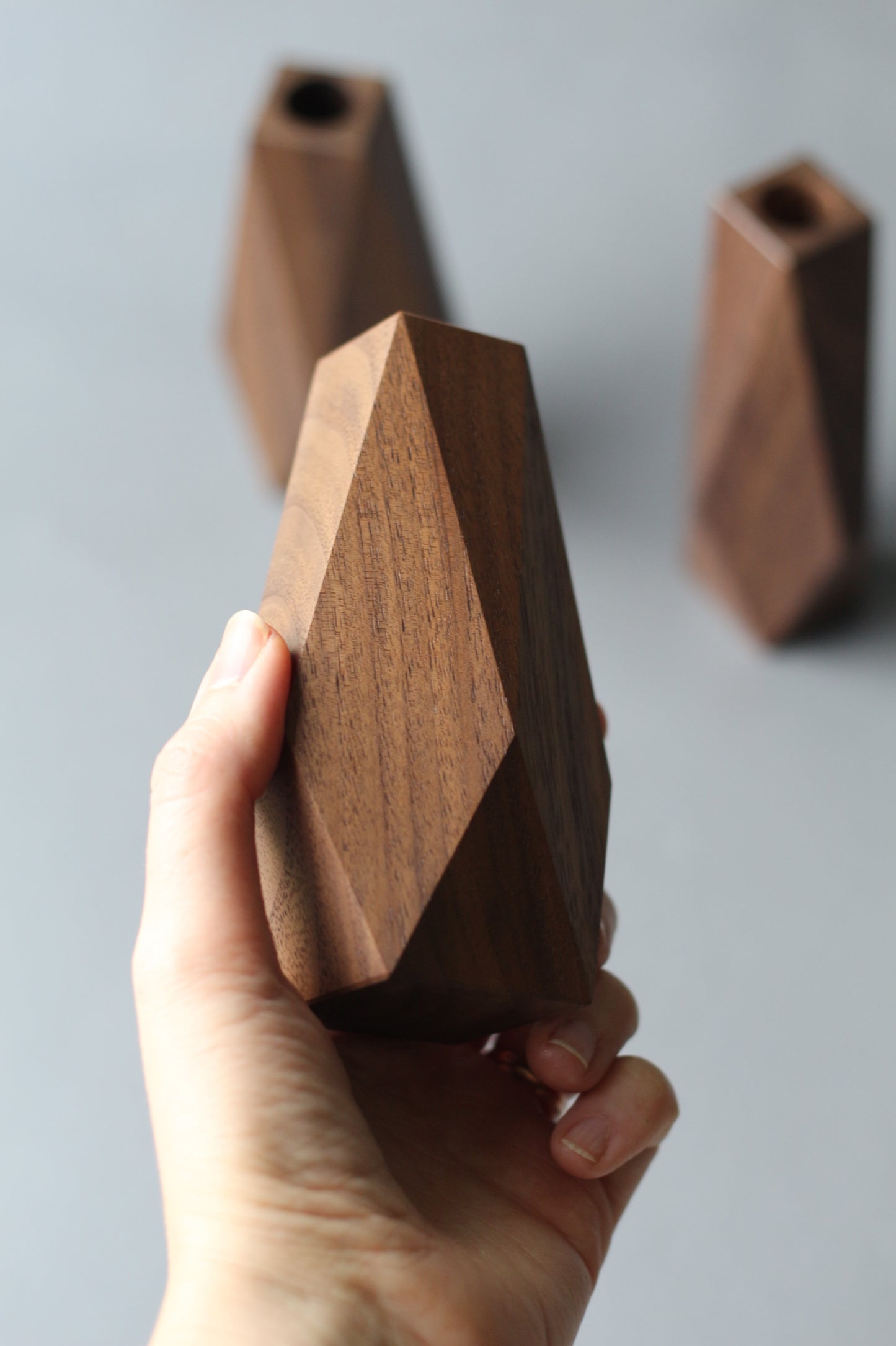 Handcrafted faceted wood vases - set of 3