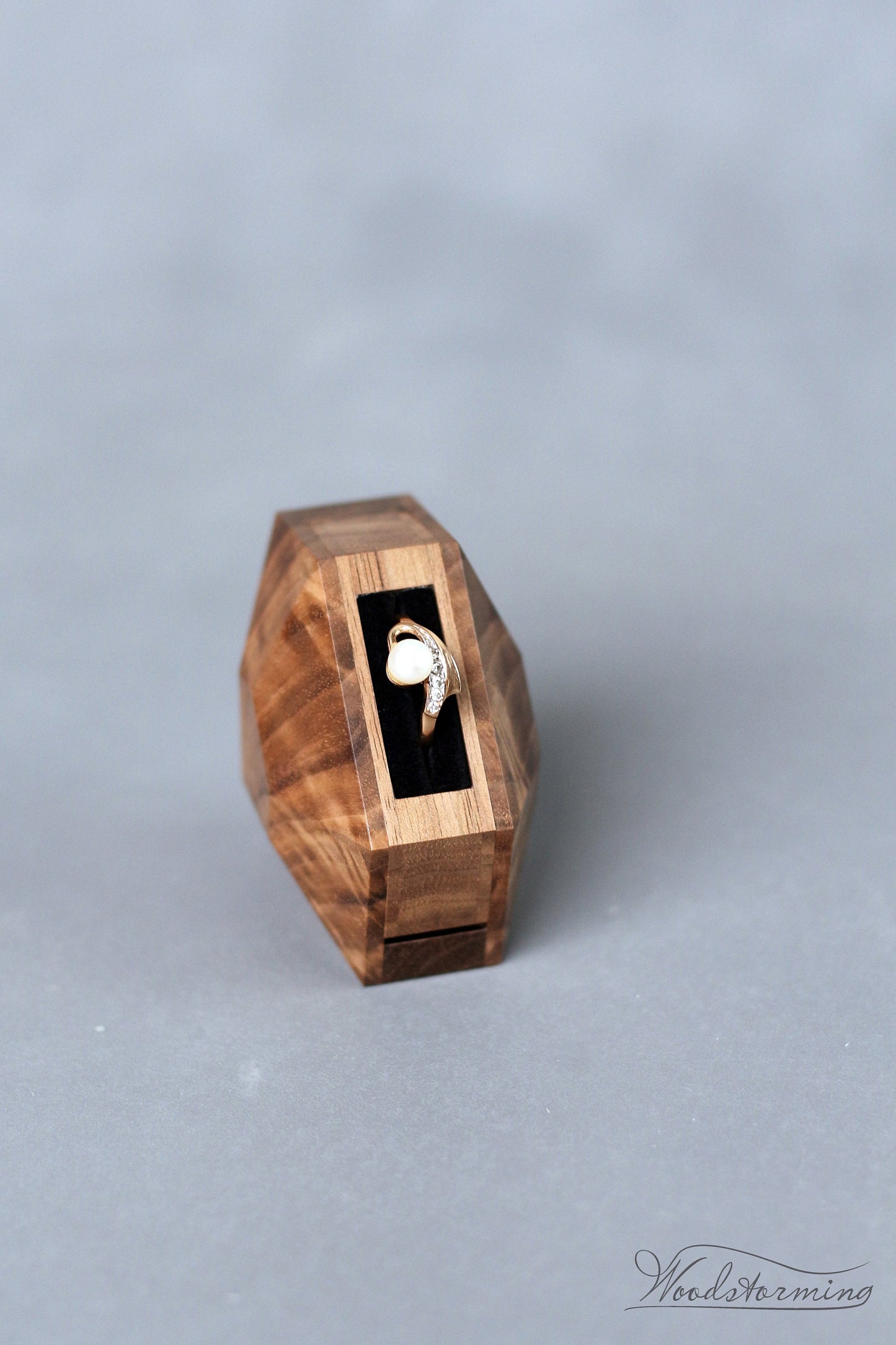 Rotating diamond shape walnut wood ring box by Woodstorming