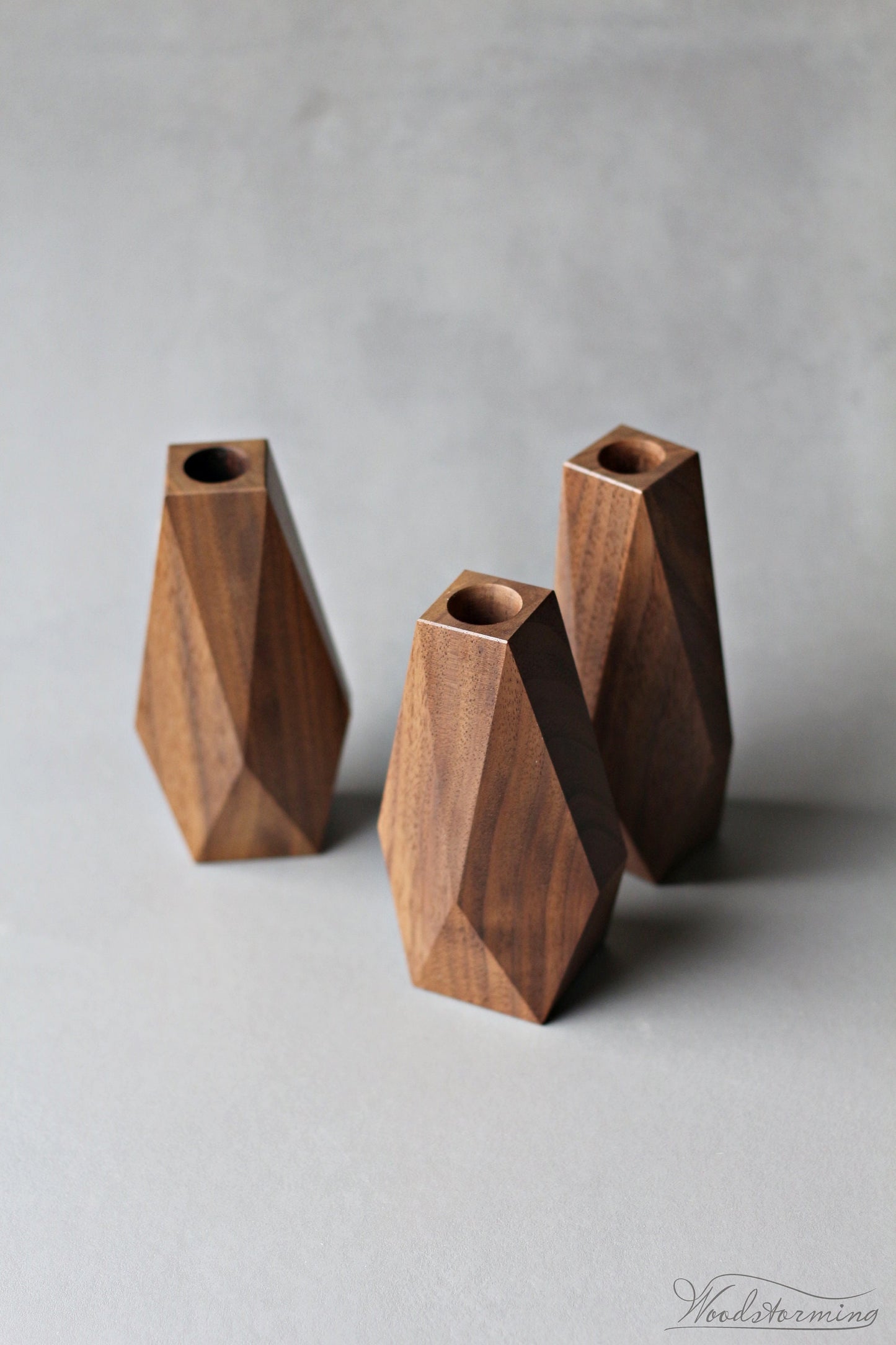 Handcrafted faceted wood vases - set of 3