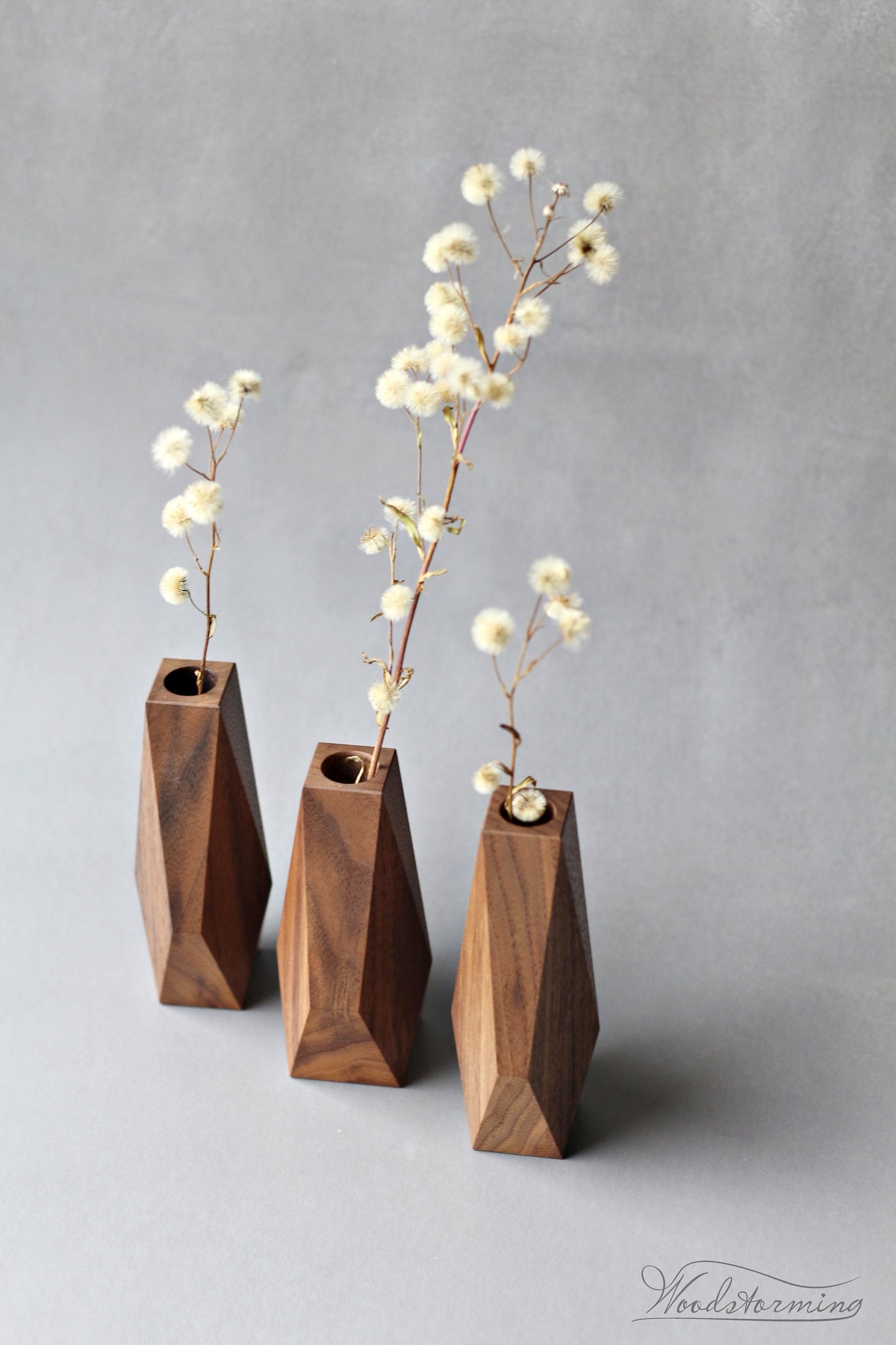 Handcrafted faceted wood vases - set of 3
