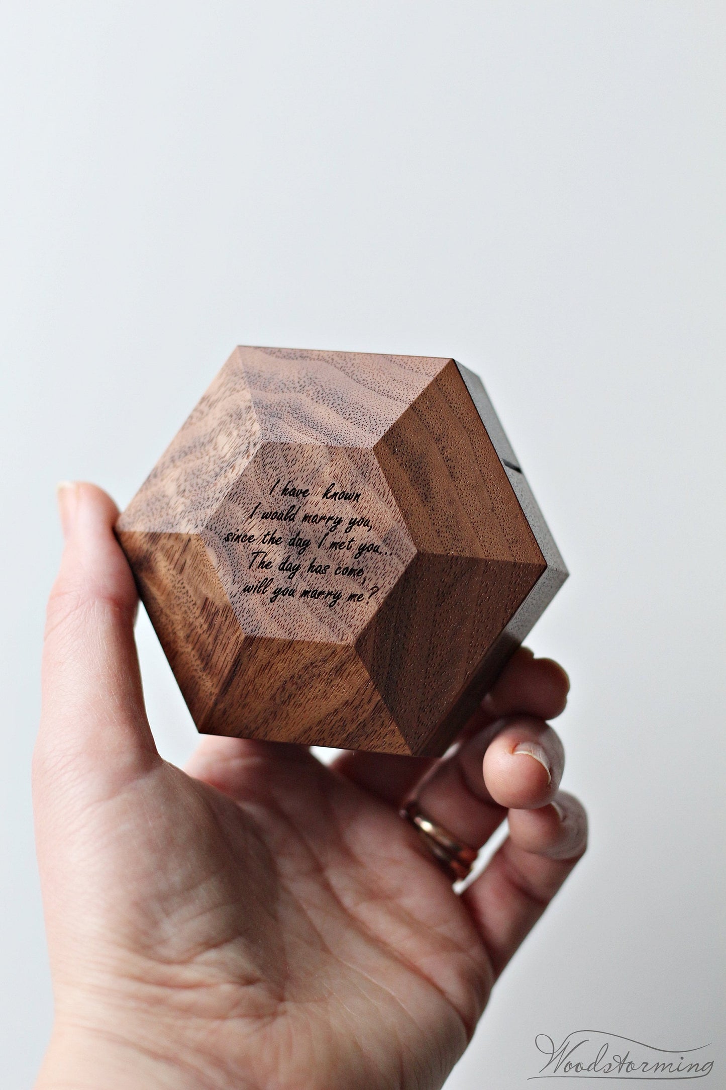 Hexagon proposal ring box, modern rotating minimalist ring display by Woodstorming