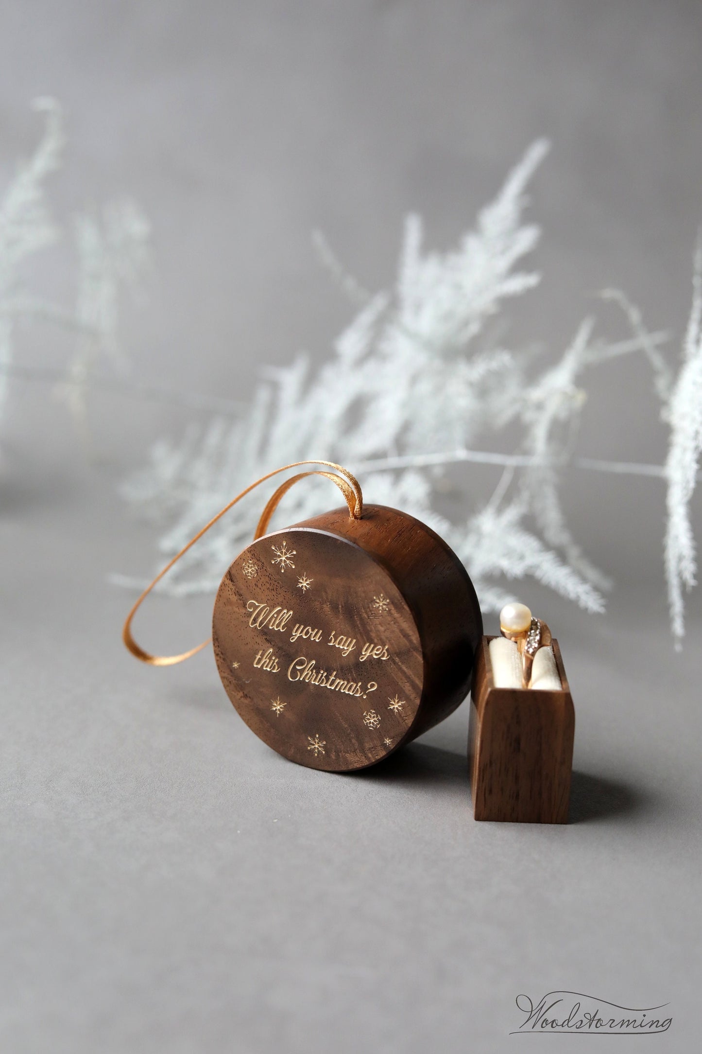 Personalized holiday engagement ring box  - round Christmas tree ornament, festive ring box