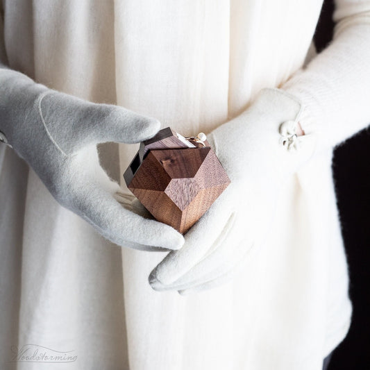 Rotating diamond shape walnut wood ring box by Woodstorming