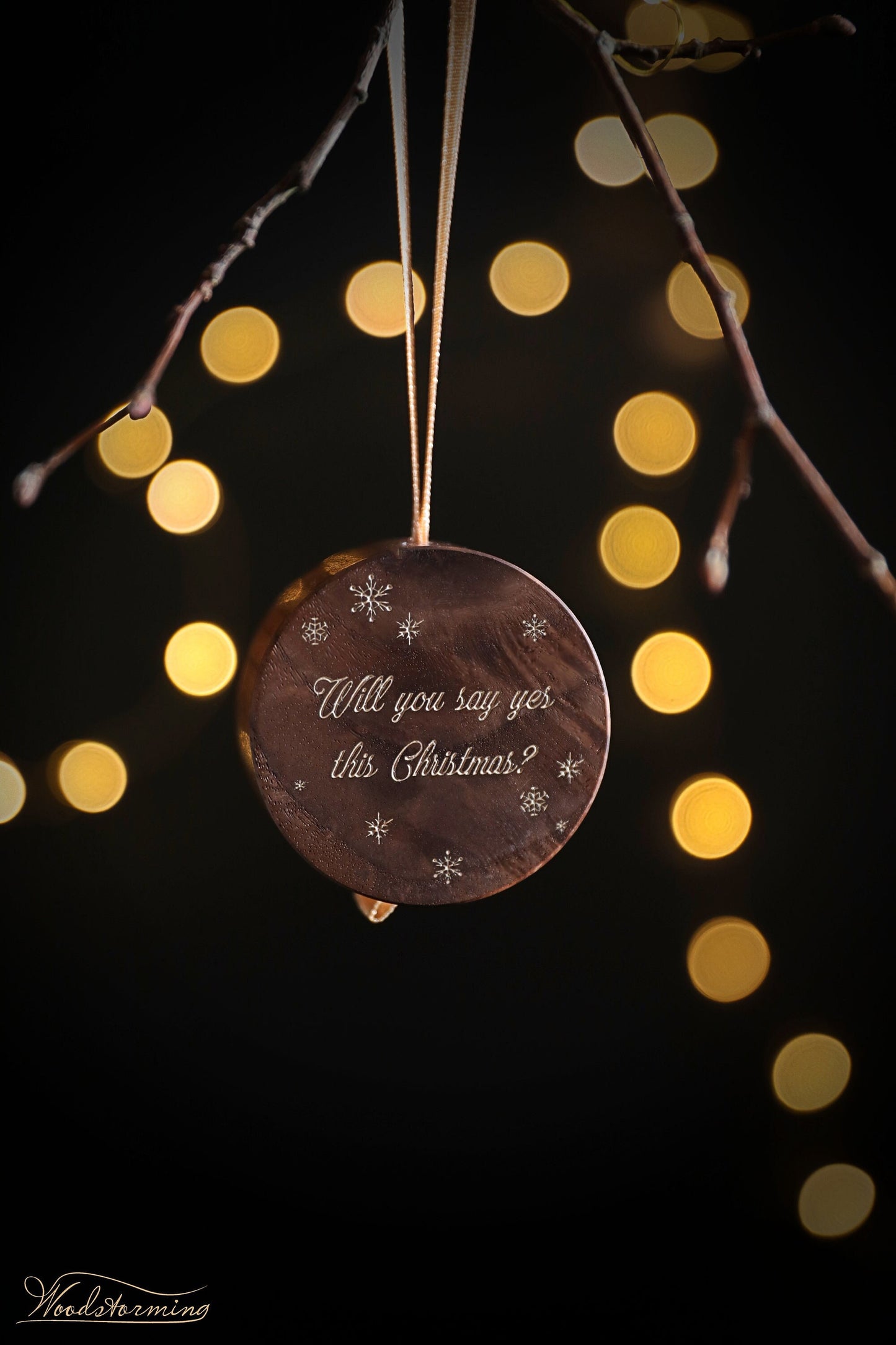 Personalized holiday engagement ring box  - round Christmas tree ornament, festive ring box