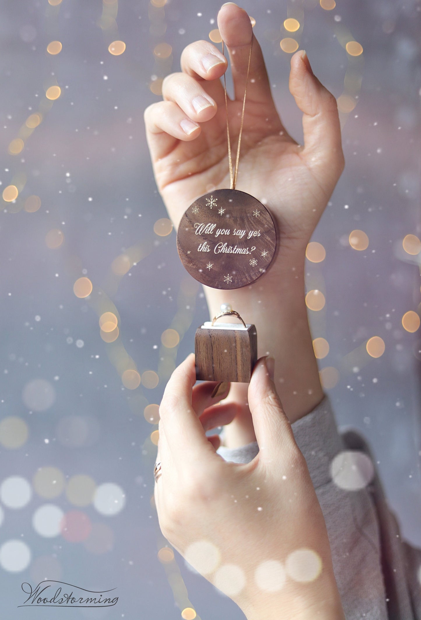 Personalized holiday engagement ring box  - round Christmas tree ornament, festive ring box