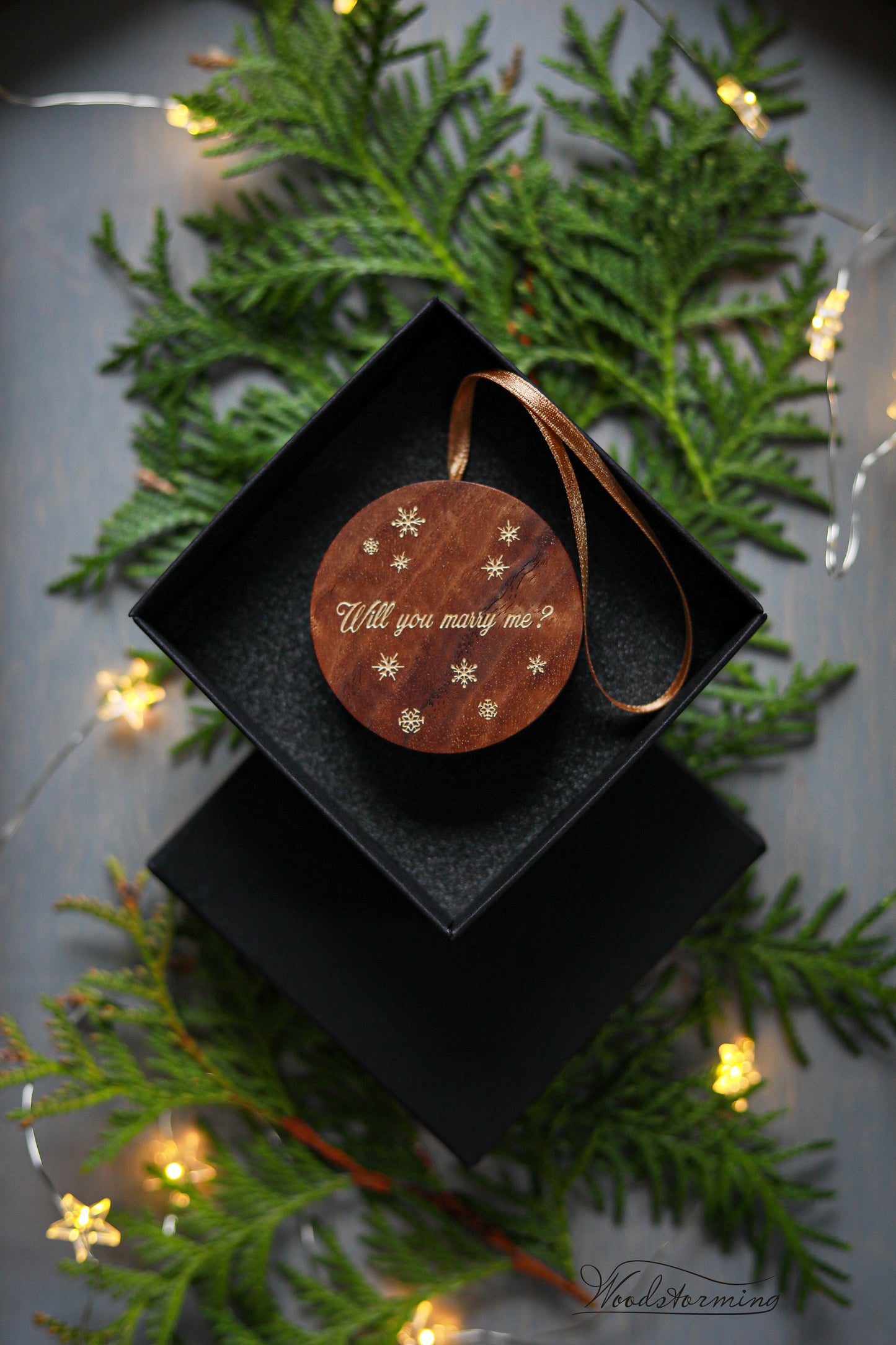 Personalized holiday engagement ring box  - round Christmas tree ornament, festive ring box