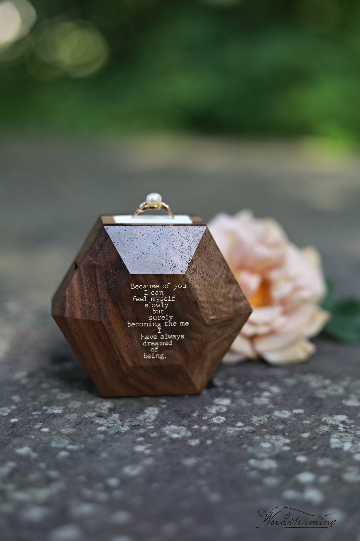 Hexagon proposal ring box, modern rotating minimalist ring display by Woodstorming