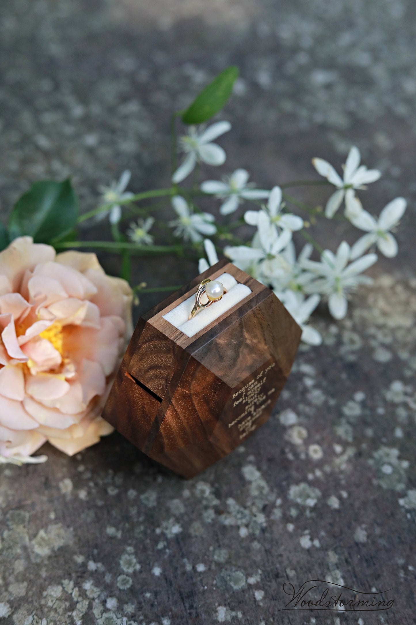 Hexagon proposal ring box, modern rotating minimalist ring display by Woodstorming