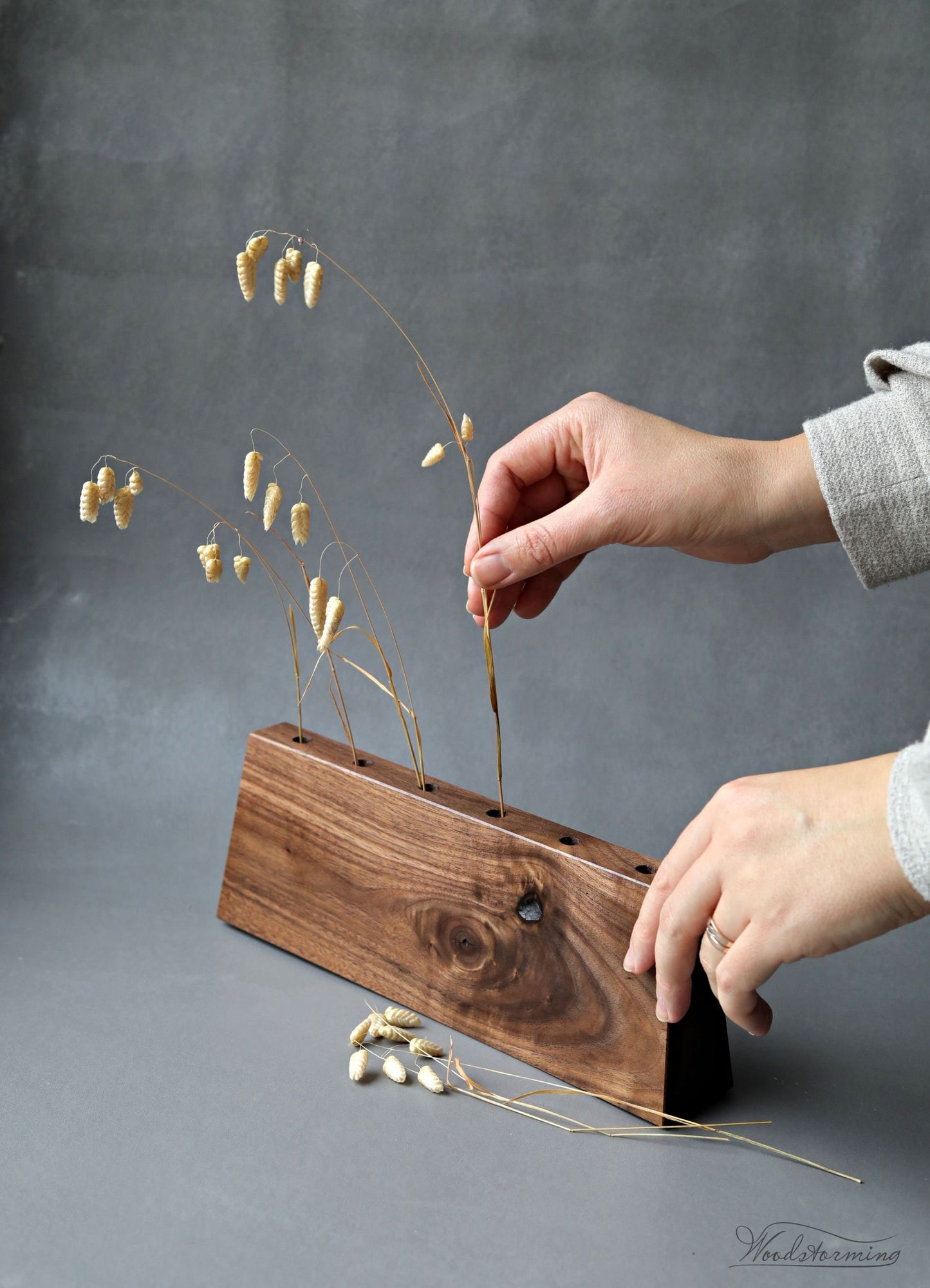 Wooden vase for interior decor, unique minimalist dry plants display