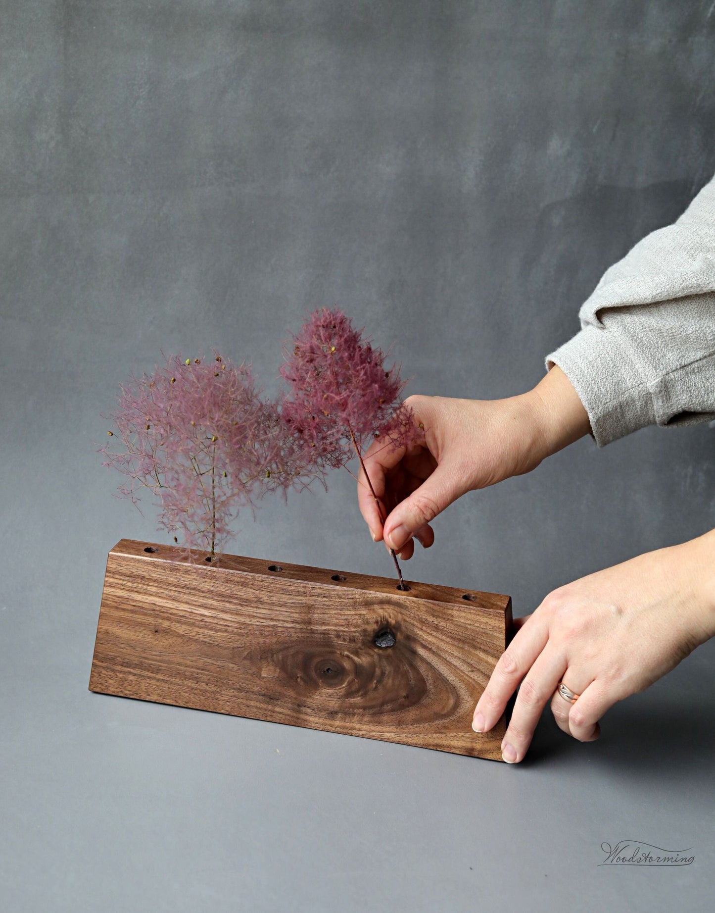 Wooden vase for interior decor, unique minimalist dry plants display