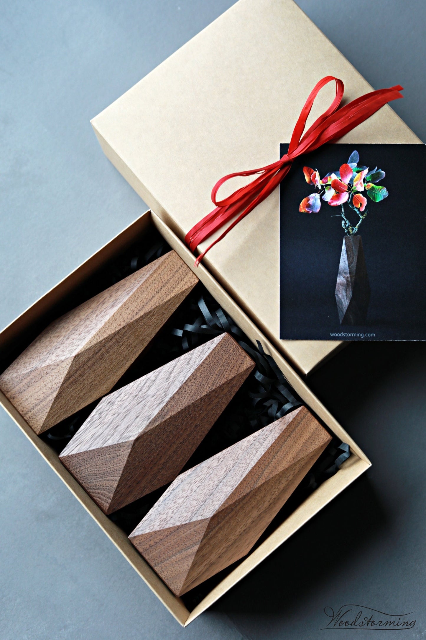 Handcrafted faceted wood vases - set of 3