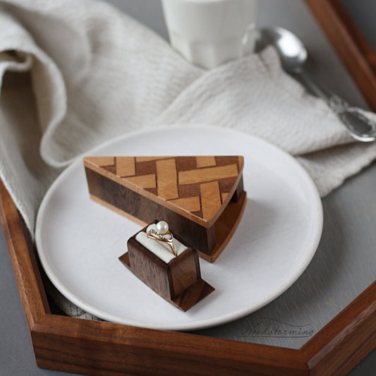 Pie shape ring box with secret drawer