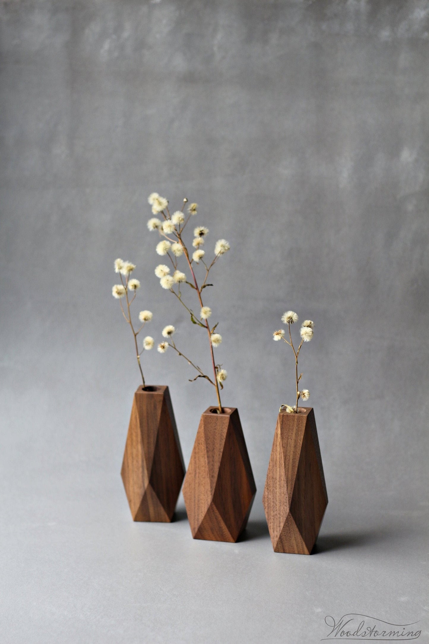 Handcrafted faceted wood vases - set of 3