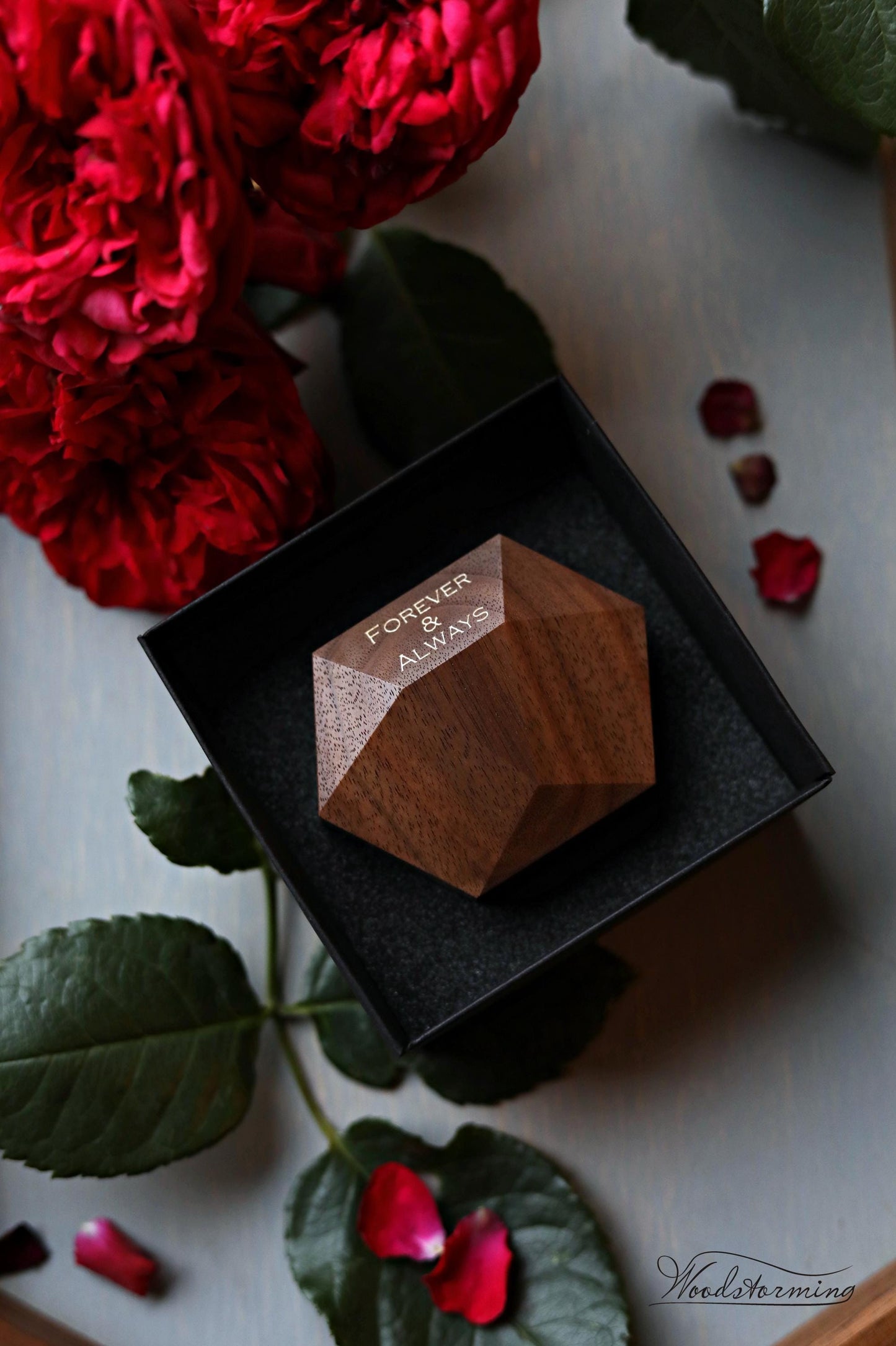 Unique handmade wooden rotating ring box - small ring display by Woodstorming